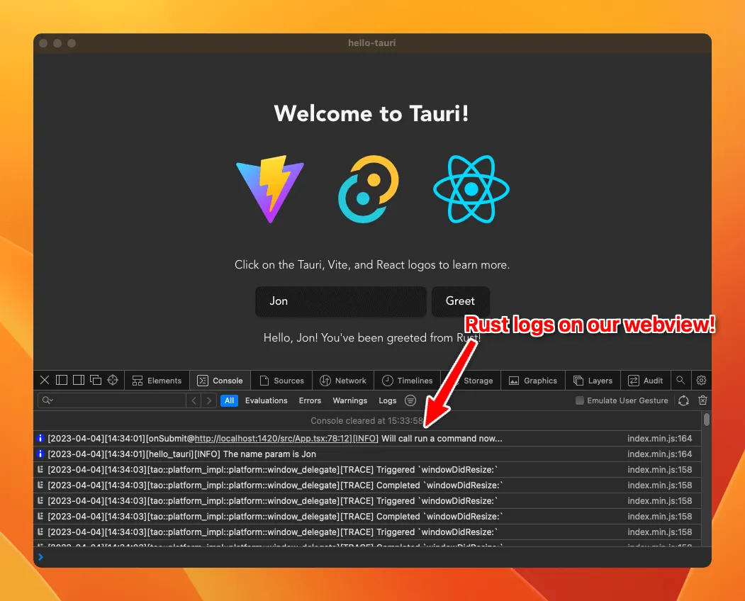 Screenshot of Tauri DevTools showing logs from Rust